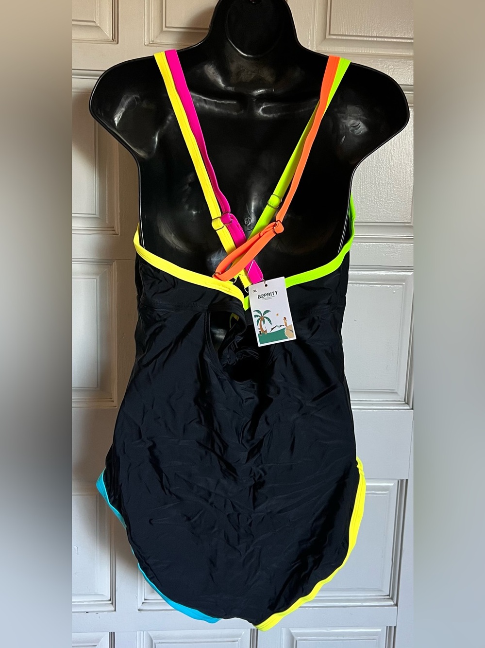 Black One-Piece Swimsuit with Neon Pink, Orange, Yellow & Aqua Trim - Picture 2 of 3